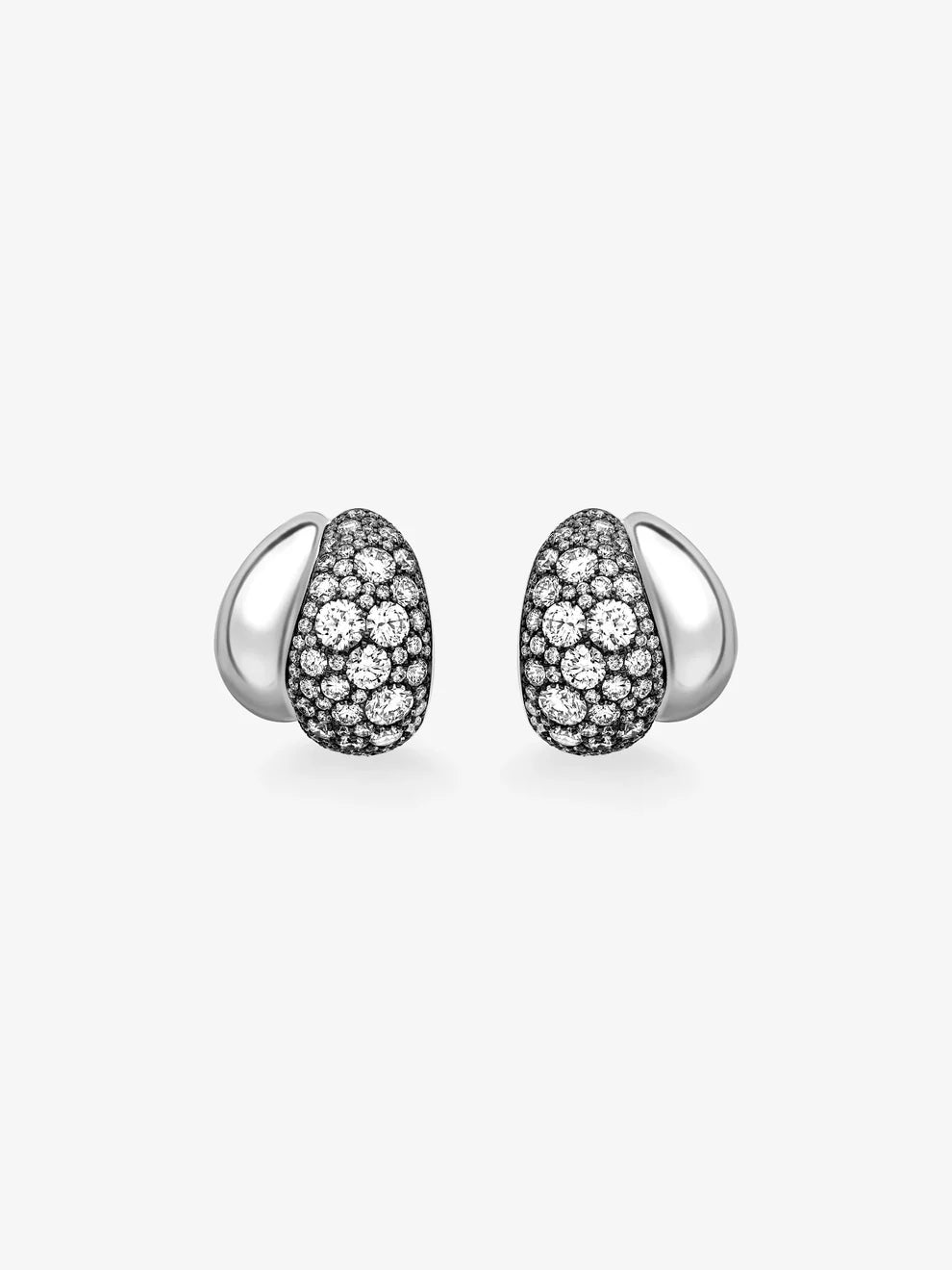 Pave Diamond Sculptural Huggie Hoop Earrings, Modern Organic Wave Silver Earrings