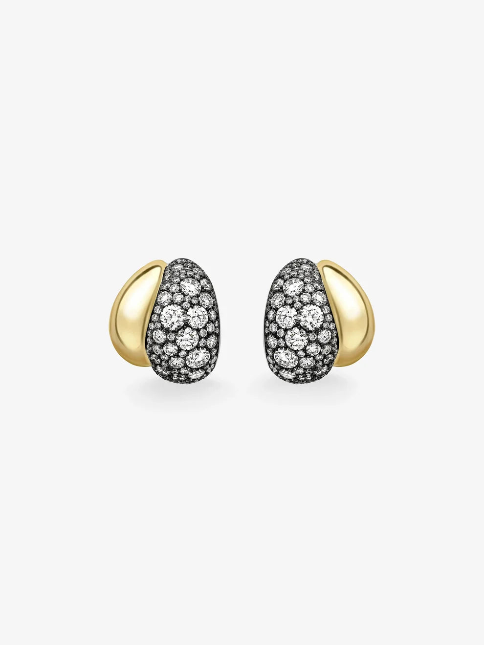 Pavé Diamond and Polished Gold Curved Huggie Earrings