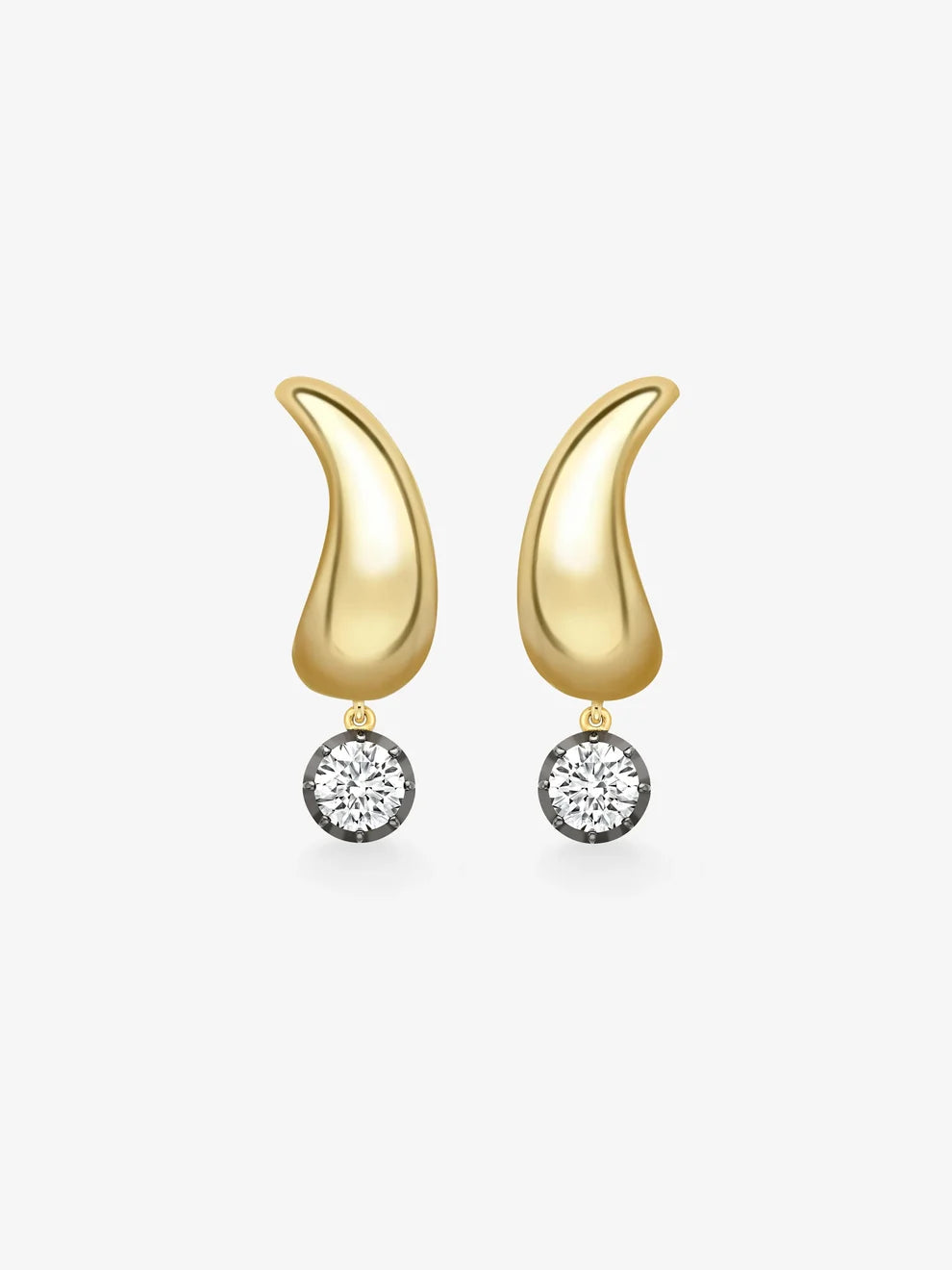 Round Cut Lab Grown Diamond Sculptural Curve Earrings, Gold Flame Charm Drop Earrings