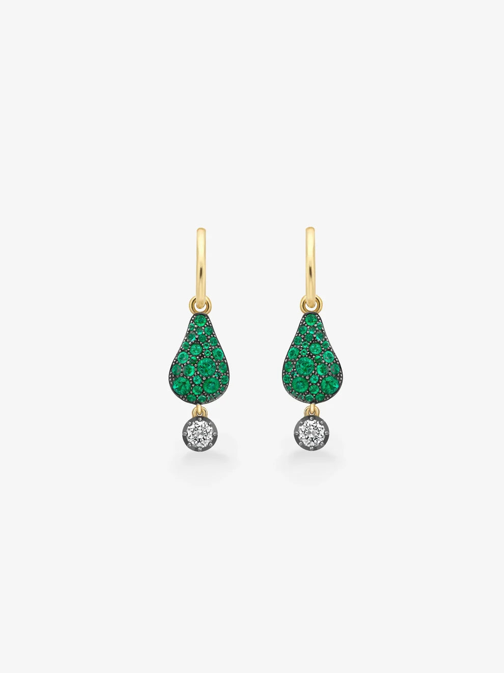 Emerald Pavé Teardrop Huggie Drop Earrings, Black Rhodium Gold Diamond Dangle Earrings