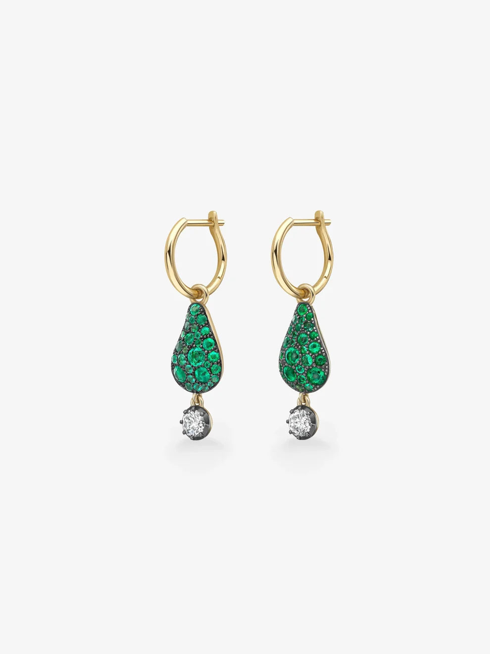 Emerald Pavé Teardrop Huggie Drop Earrings, Black Rhodium Gold Diamond Dangle Earrings