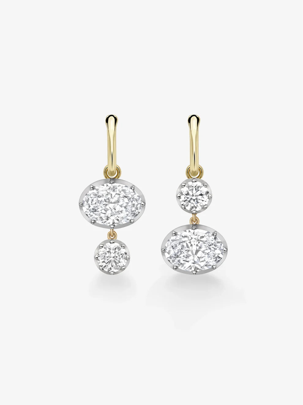 Asymmetrical Oval and Round Diamond Drop Hoop Earrings