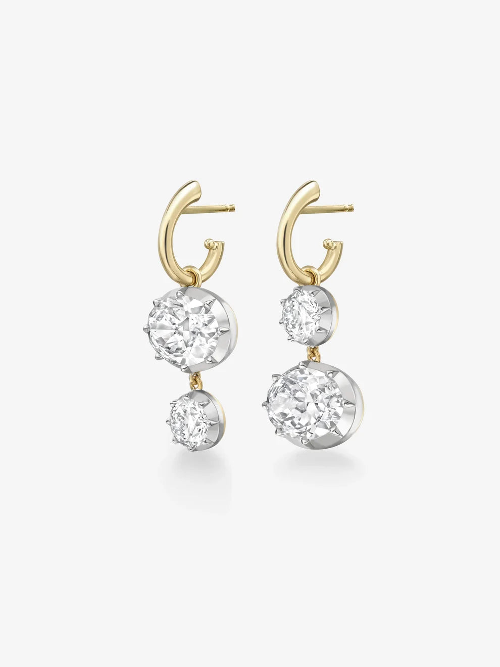 Asymmetrical Oval and Round Diamond Drop Hoop Earrings