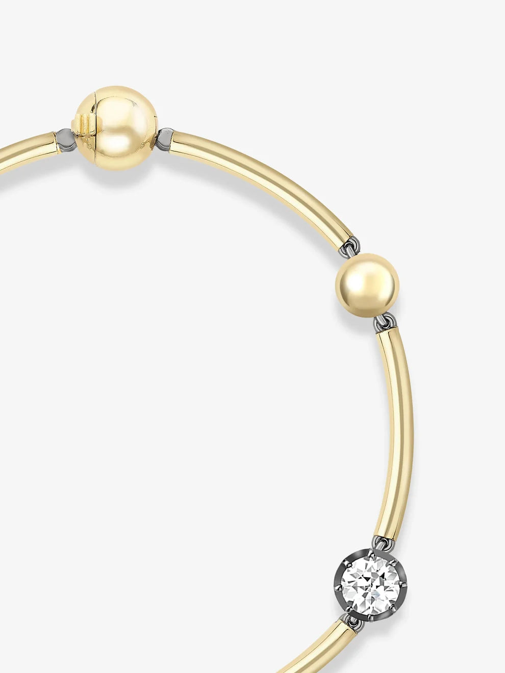 Round Cut Diamond Golden Ball Tube Station Bracelet, Yellow Gold Beaded Bar Flexible Bracelet