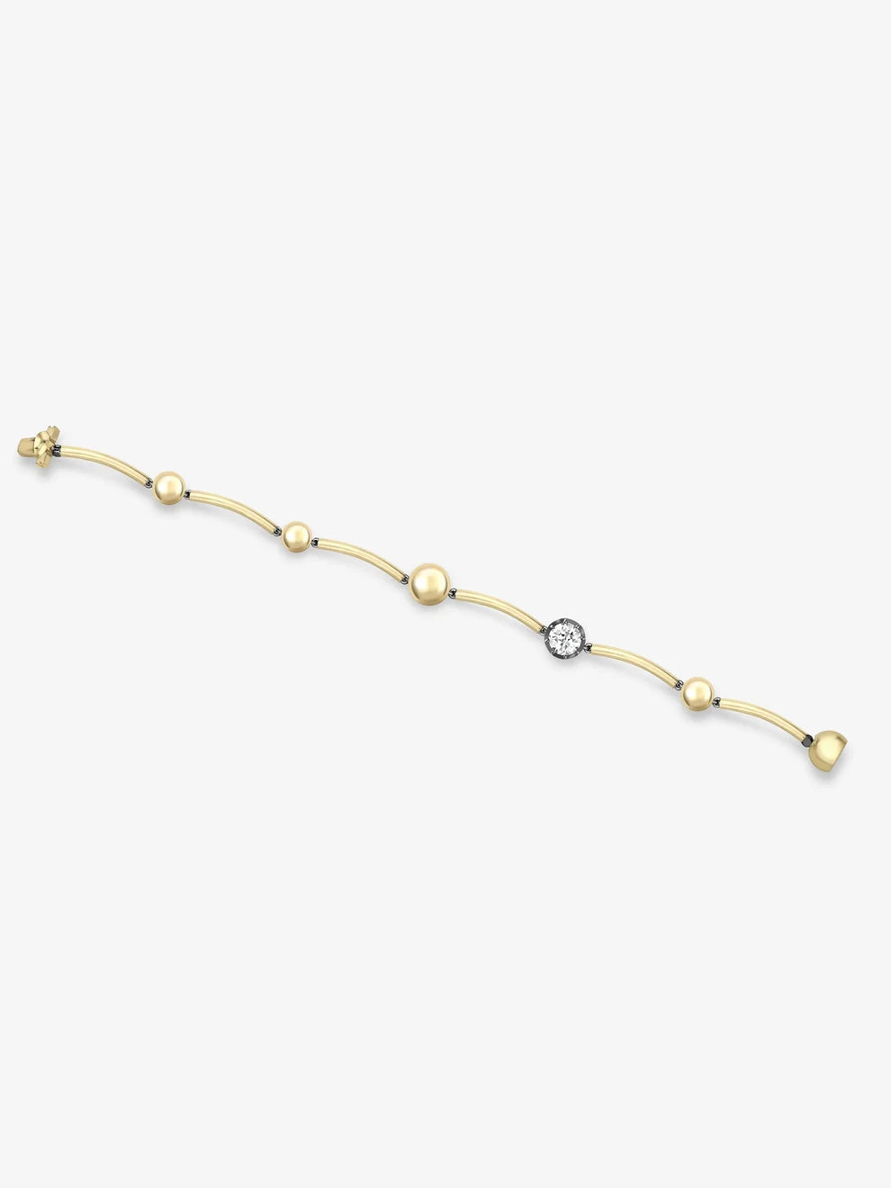 Round Cut Diamond Golden Ball Tube Station Bracelet, Yellow Gold Beaded Bar Flexible Bracelet