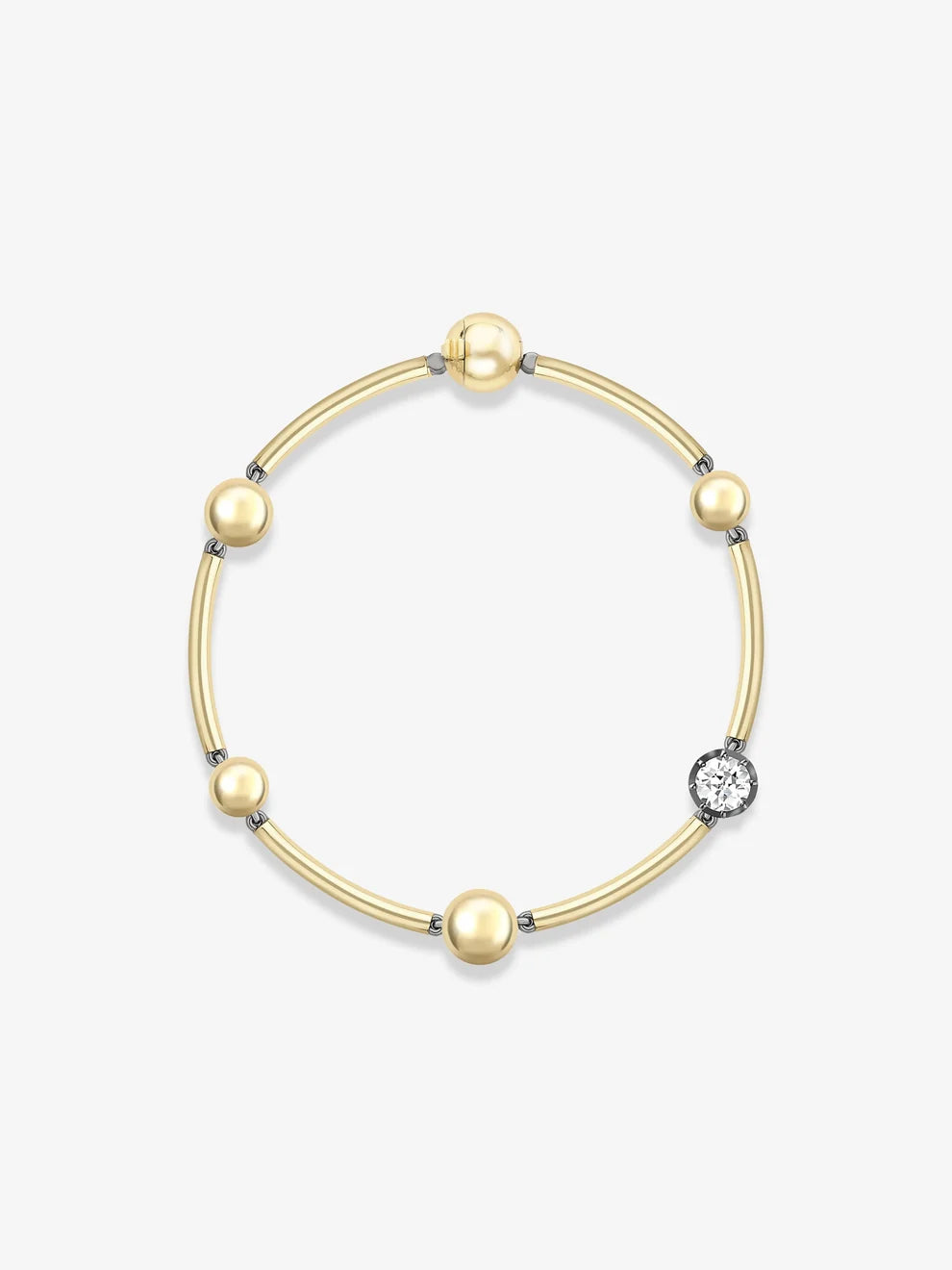 Round Cut Diamond Golden Ball Tube Station Bracelet, Yellow Gold Beaded Bar Flexible Bracelet