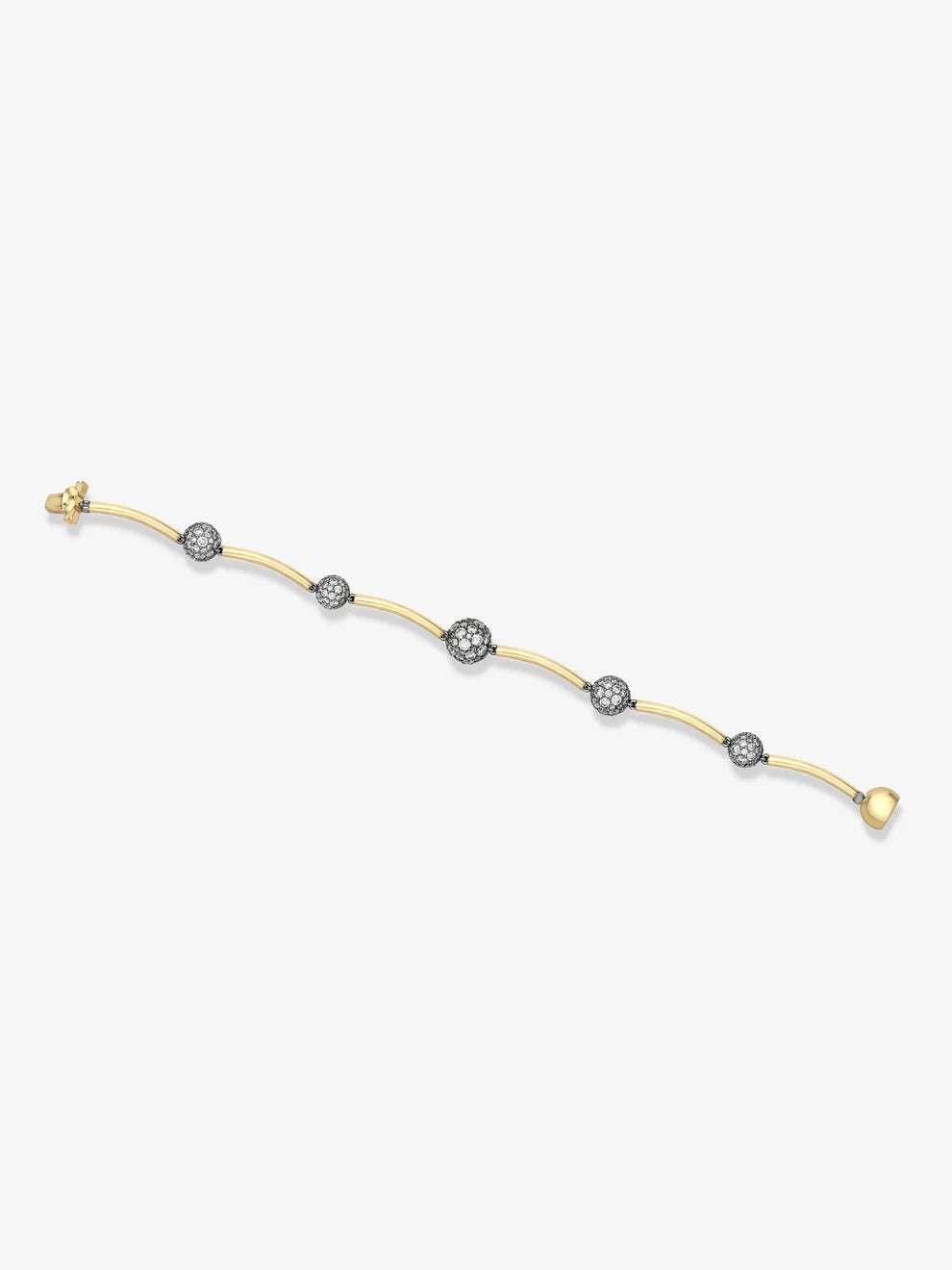 Round Diamond Pavé Station Sphere Bangle Bracelet, Two-Tone Gold Curved Bar Station Bracelet