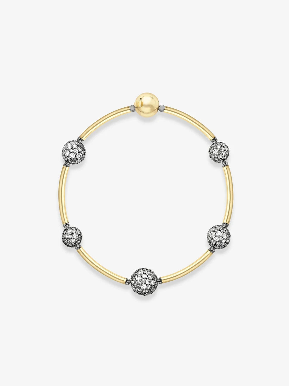 Round Diamond Pavé Station Sphere Bangle Bracelet, Two-Tone Gold Curved Bar Station Bracelet