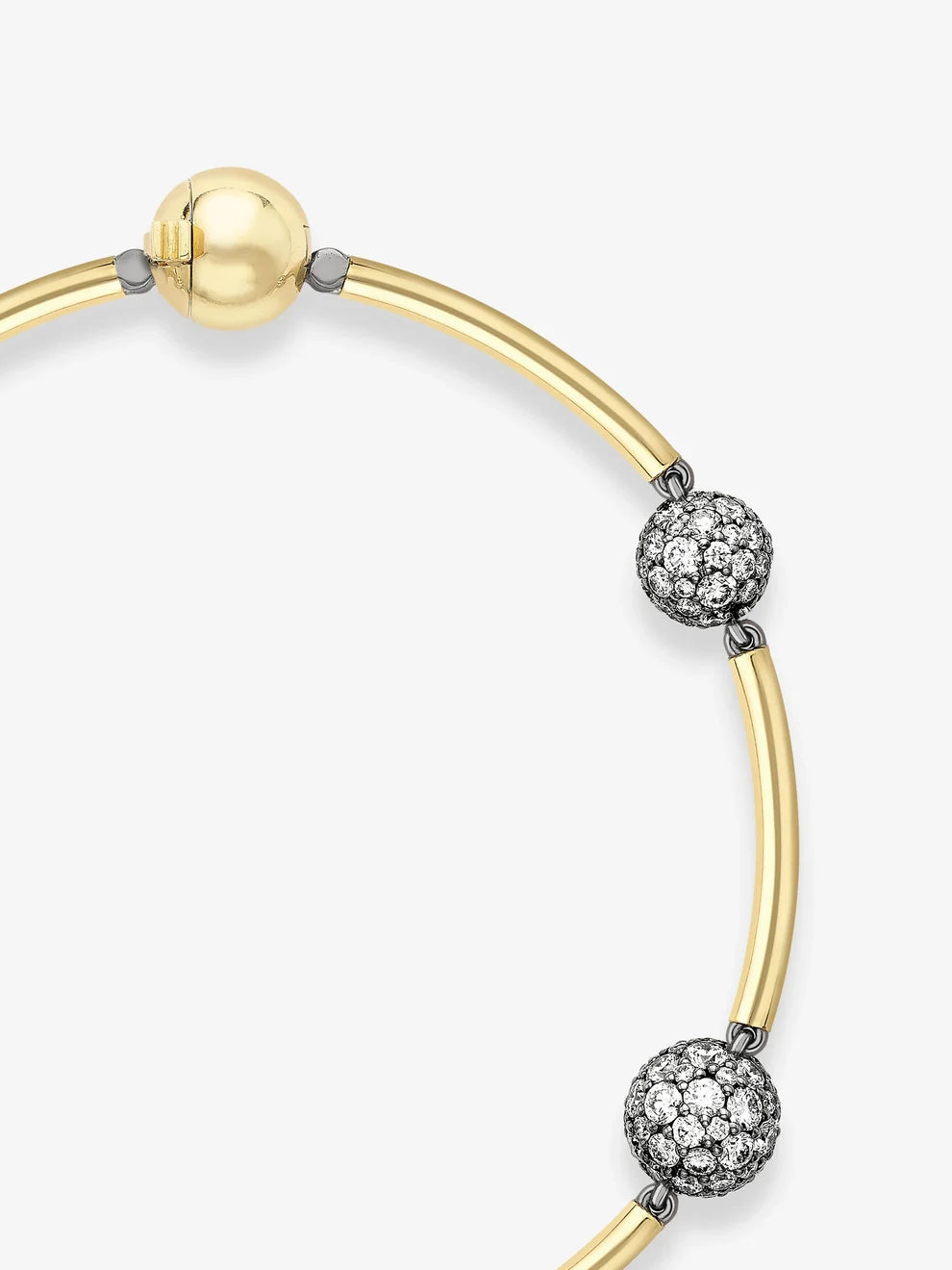 Round Diamond Pavé Station Sphere Bangle Bracelet, Two-Tone Gold Curved Bar Station Bracelet