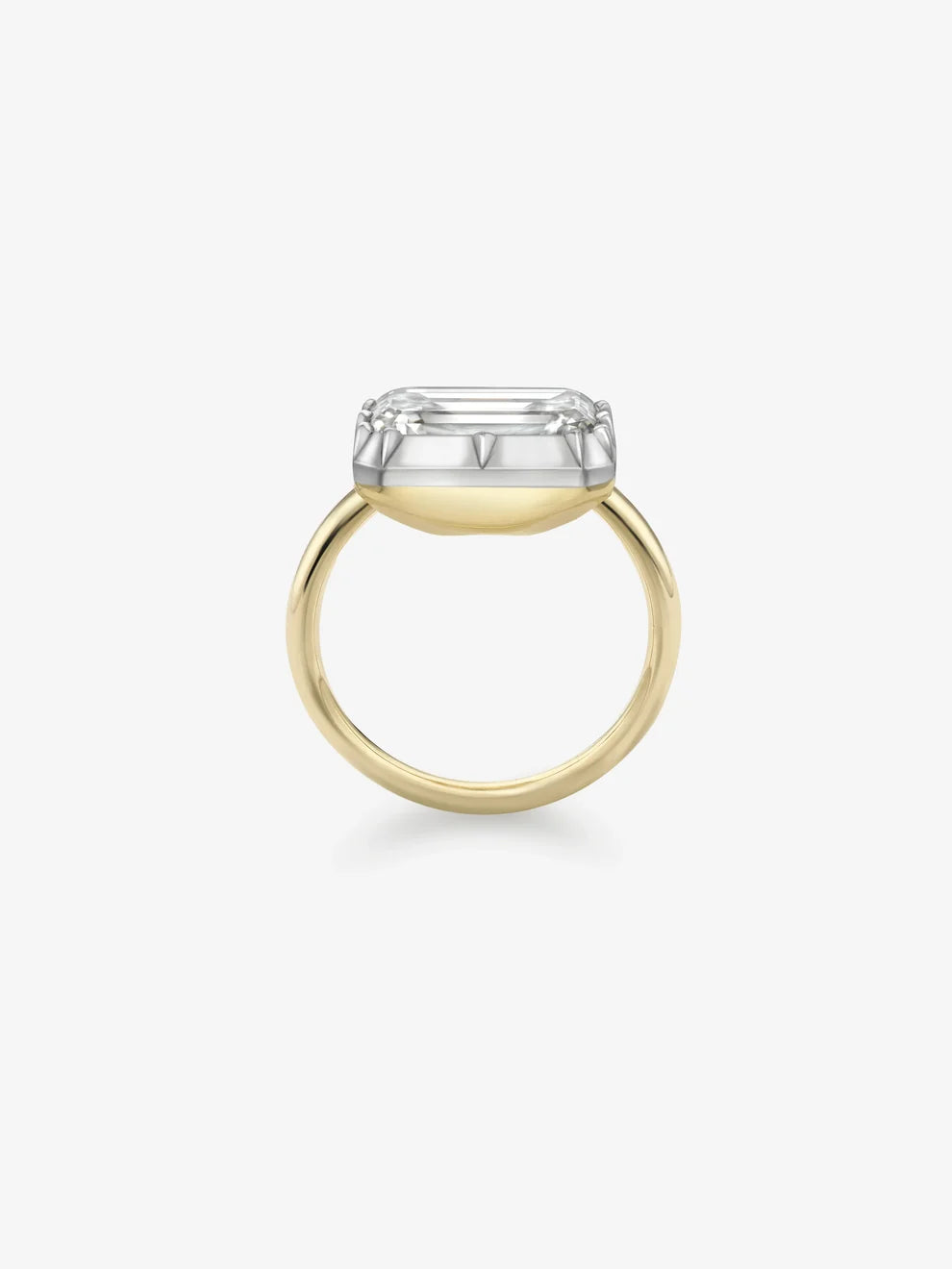 East-West Emerald Cut Lab Grown Diamond Engagement Ring, Two-Tone Bezel Solitaire Ring