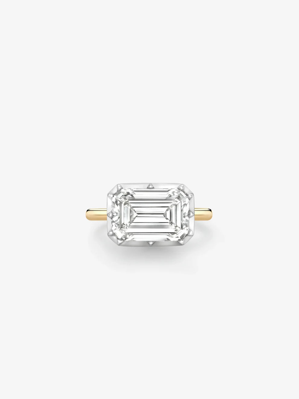 East-West Emerald Cut Lab Grown Diamond Engagement Ring, Two-Tone Bezel Solitaire Ring