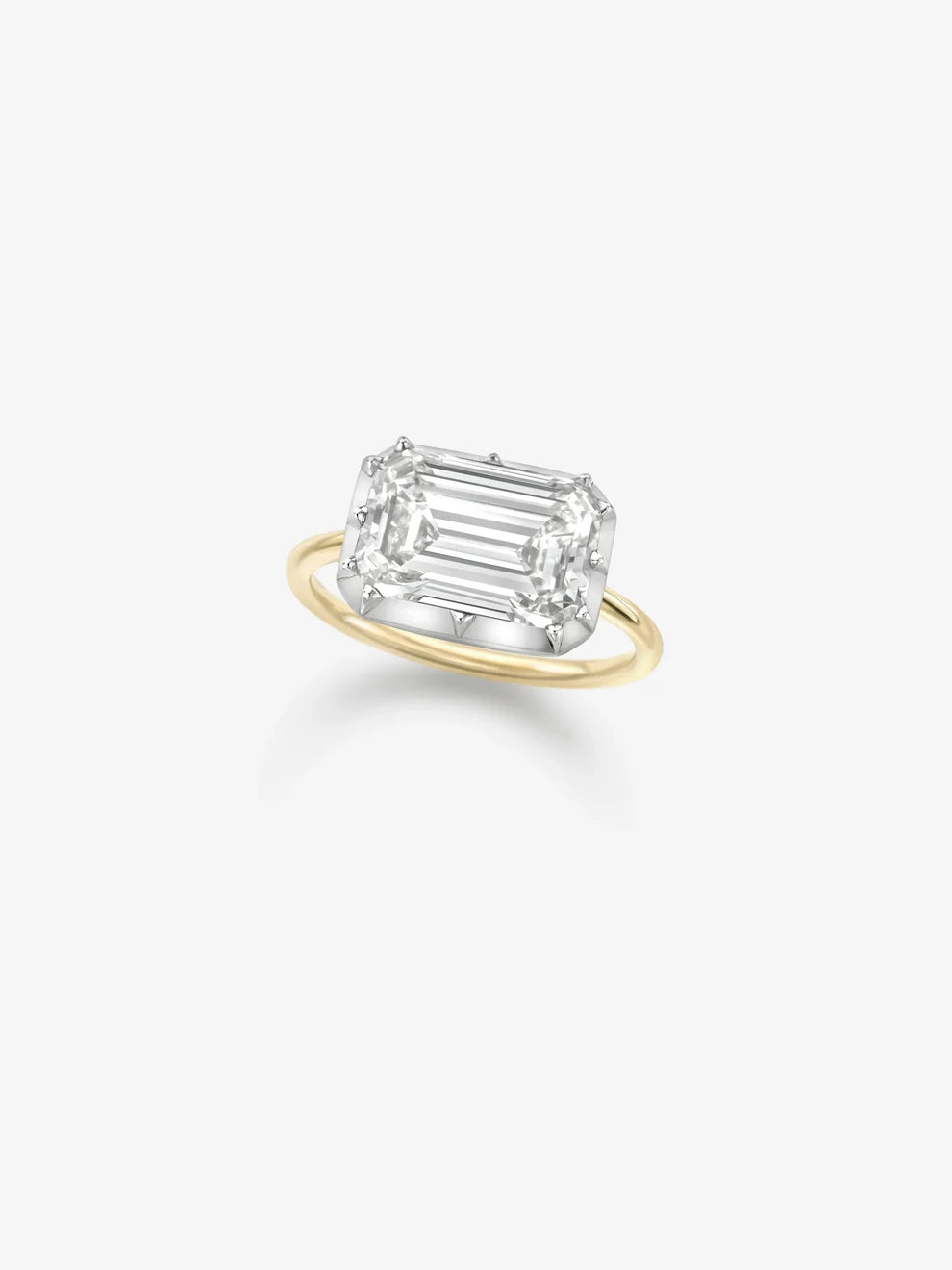 East-West Emerald Cut Lab Grown Diamond Engagement Ring, Two-Tone Bezel Solitaire Ring