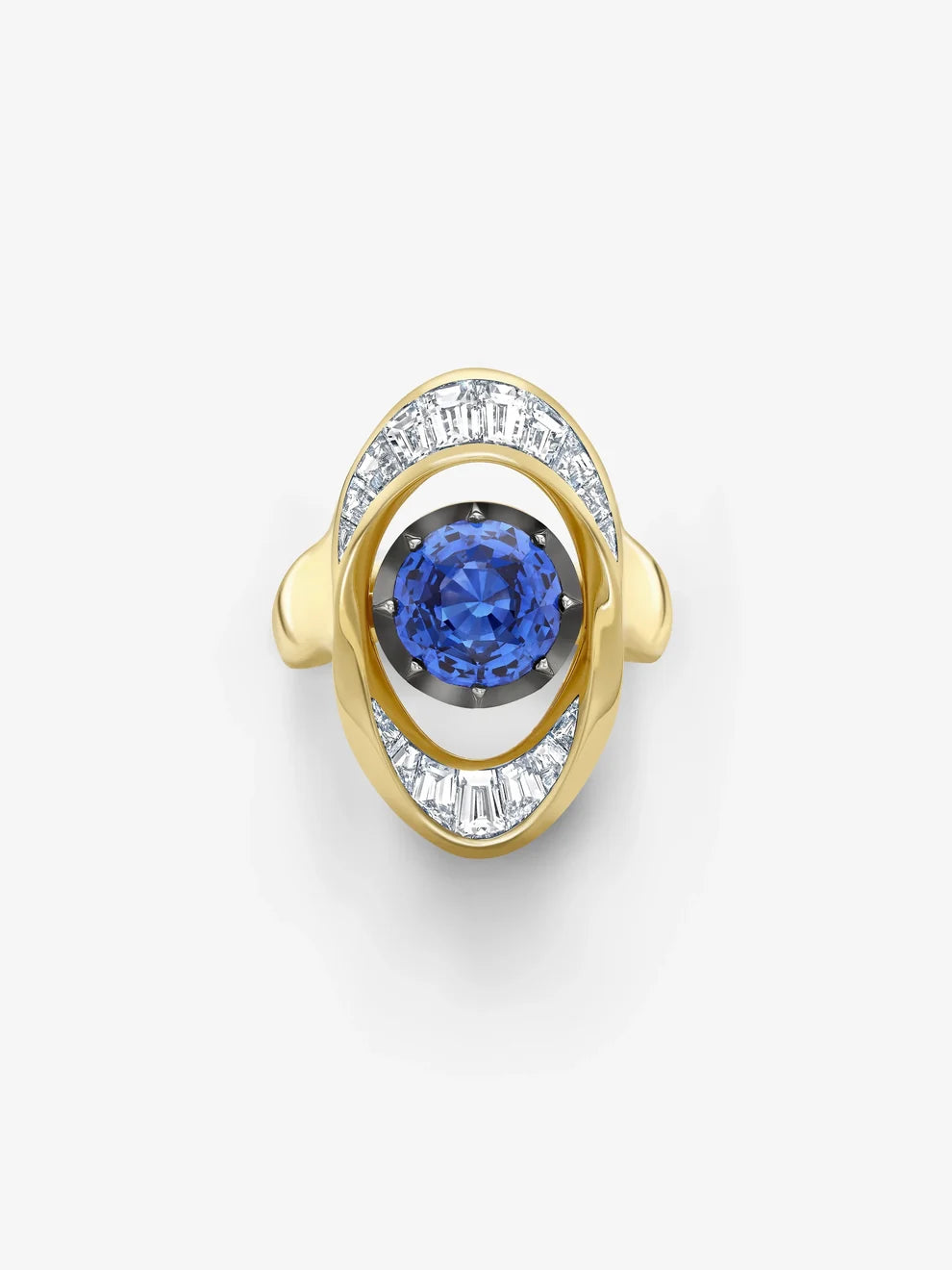 Round Cut Blue Sapphire Oval Halo Engagement Ring, Modernist Baguette Diamond Frame Ring