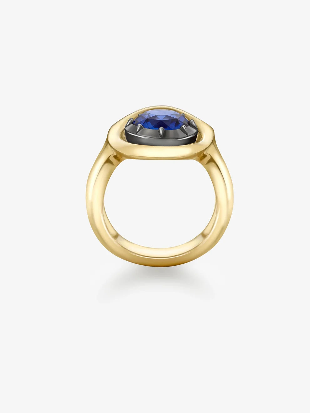 Round Cut Blue Sapphire Oval Halo Engagement Ring, Modernist Baguette Diamond Frame Ring