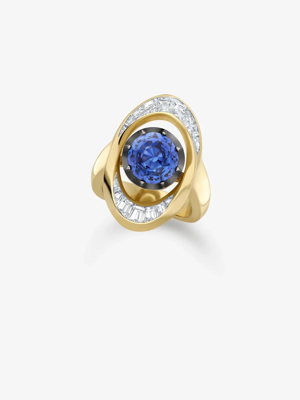 Round Cut Blue Sapphire Oval Halo Engagement Ring, Modernist Baguette Diamond Frame Ring