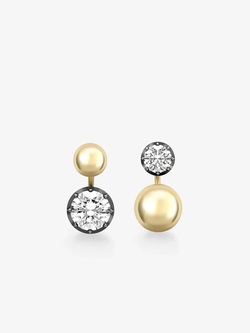 Asymmetrical Round Diamond and Gold Sphere Front-Back Earrings
