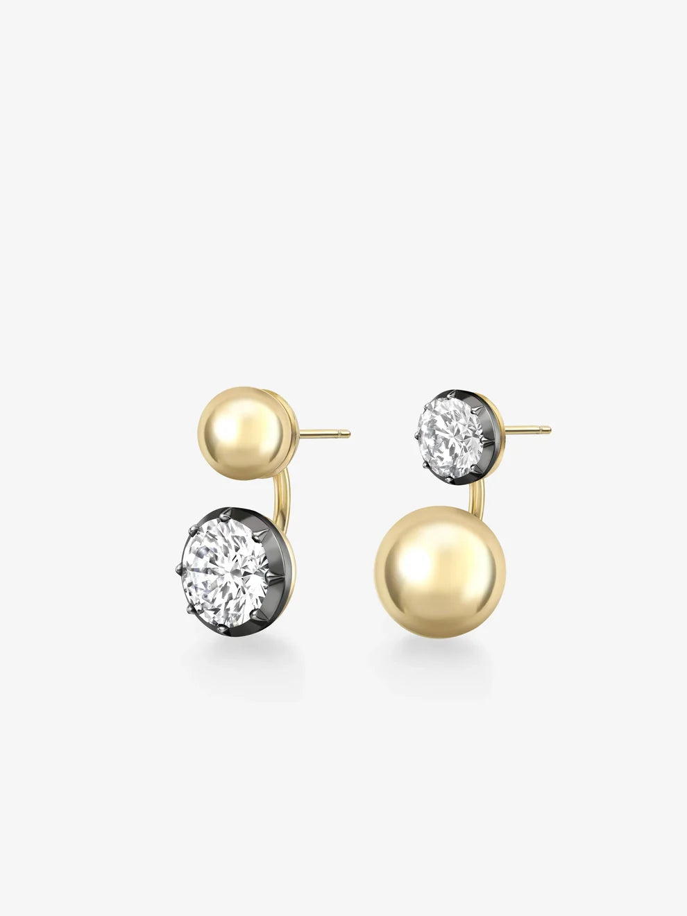 Asymmetrical Round Diamond and Gold Sphere Front-Back Earrings