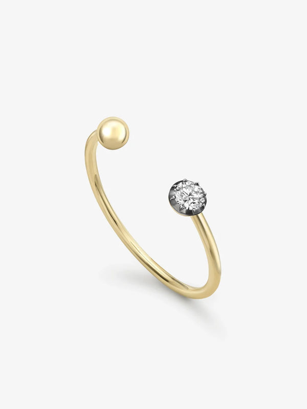 Round Cut Lab Grown Diamond Open Cuff Ring, Minimalist Gold Sphere Engagement Ring,