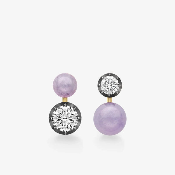 Asymmetrical Lavender Jade and Round Diamond Drop Earrings