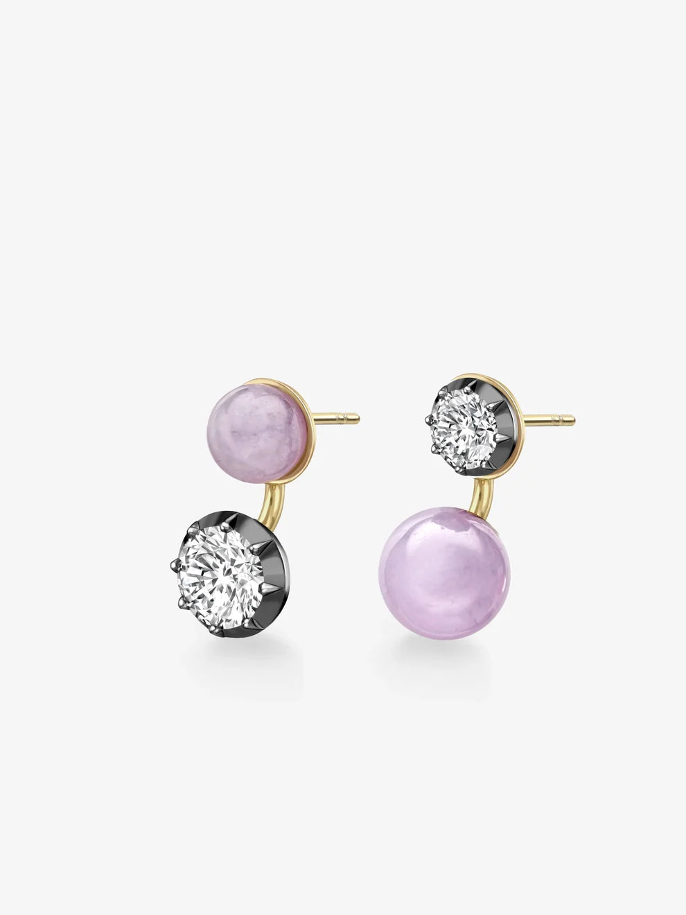 Asymmetrical Lavender Jade and Round Diamond Drop Earrings