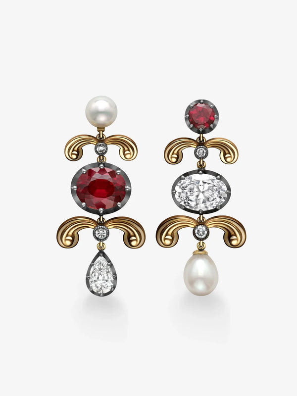 Asymmetrical Lab Created Ruby, Diamond & Pearl Drop Earrings, Black Enamel Yellow Gold Scroll Chandelier Earrings