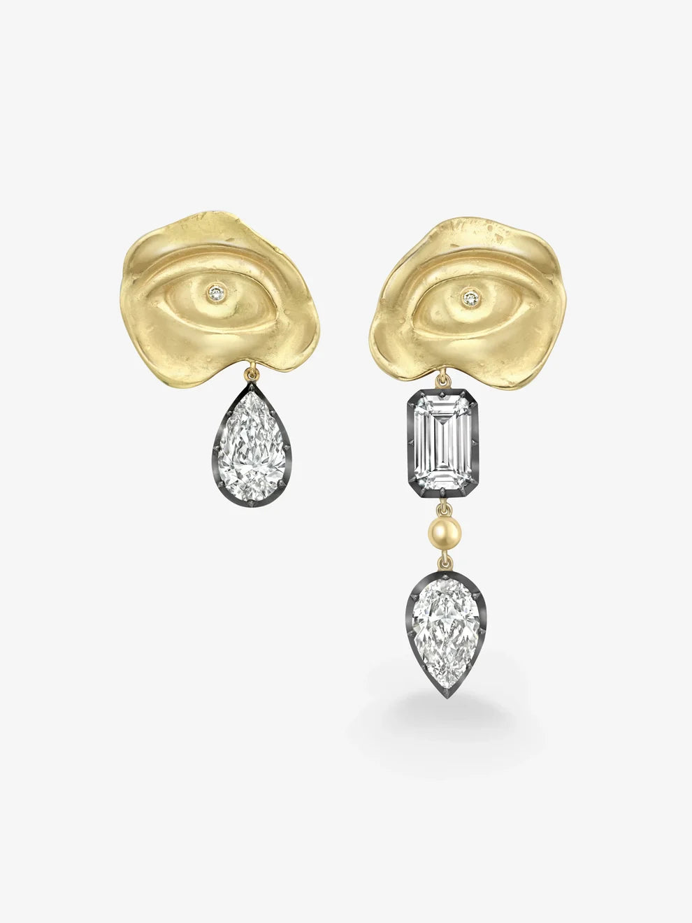 Sculptural Eye Motif Asymmetrical Diamond Drop Earrings