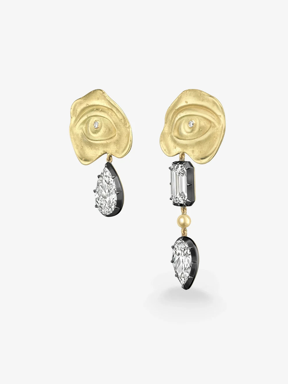 Sculptural Eye Motif Asymmetrical Diamond Drop Earrings