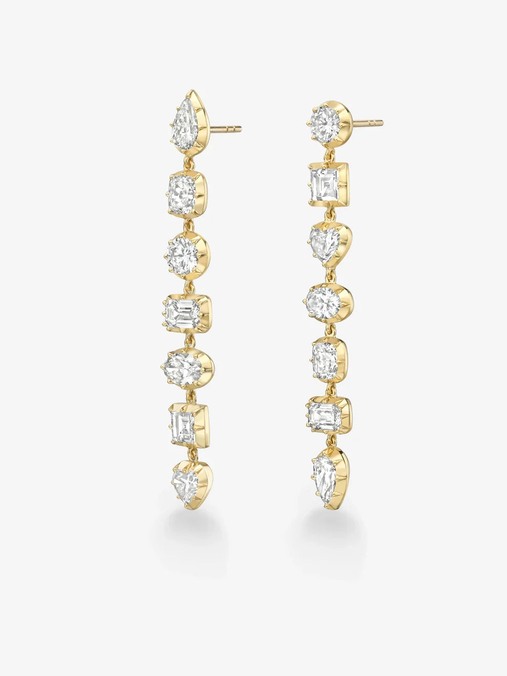 Multi-Shape Lab Grown Diamond Drop Earrings, Yellow Gold Asymmetrical Line Earrings