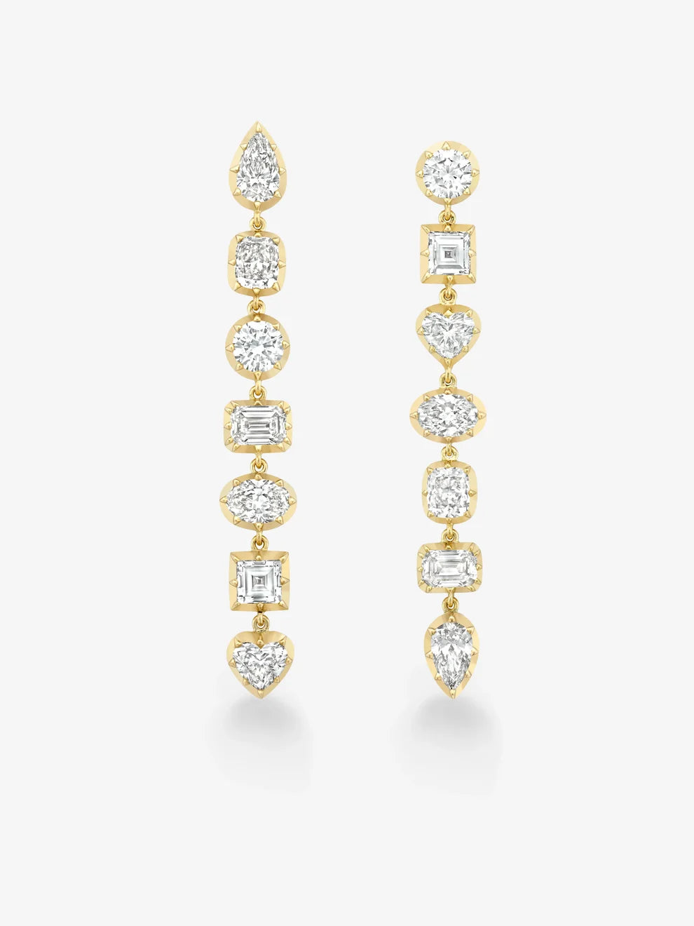 Multi-Shape Lab Grown Diamond Drop Earrings, Yellow Gold Asymmetrical Line Earrings