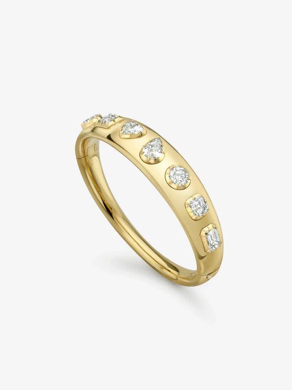 Multi-Shape Fancy Cut Diamond Flush Gypsy Bangle Bracelet, Yellow Gold Dome Station Bracelet