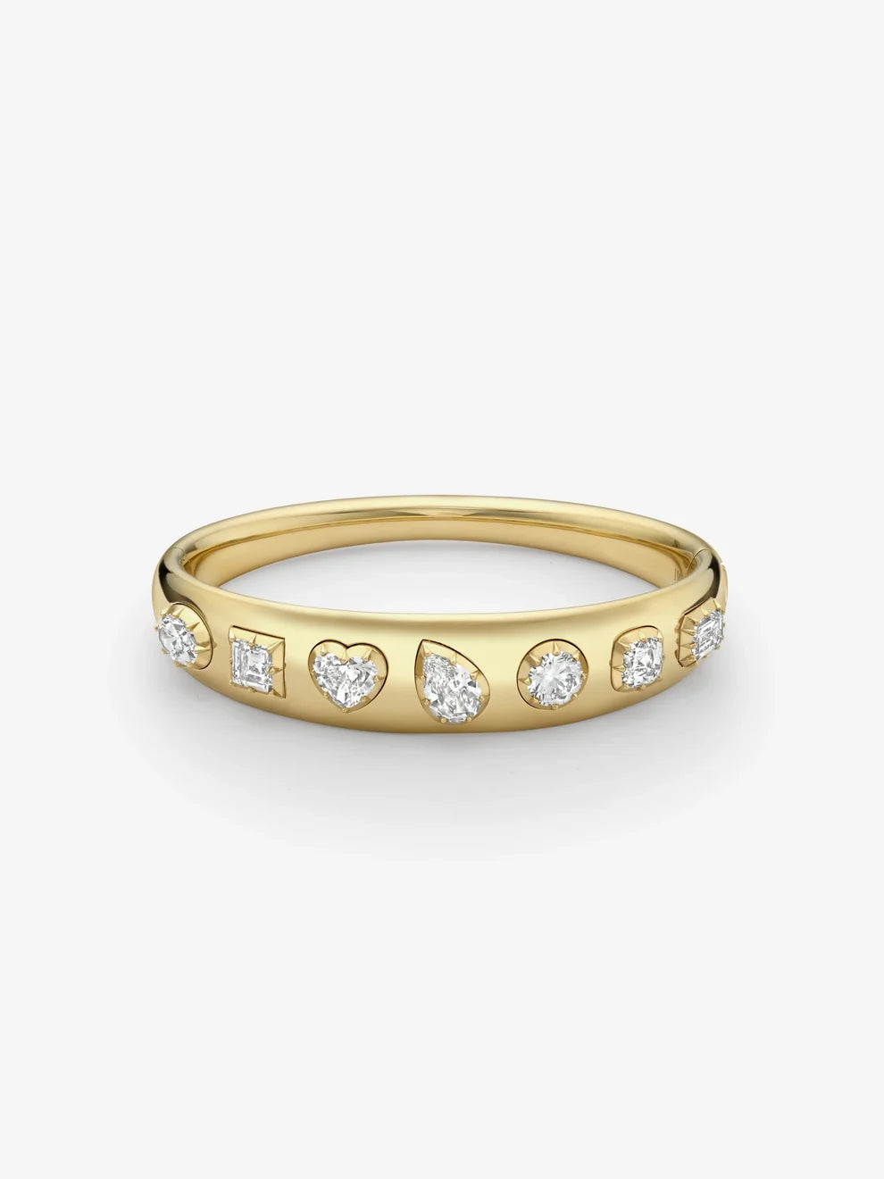 Multi-Shape Fancy Cut Diamond Flush Gypsy Bangle Bracelet, Yellow Gold Dome Station Bracelet