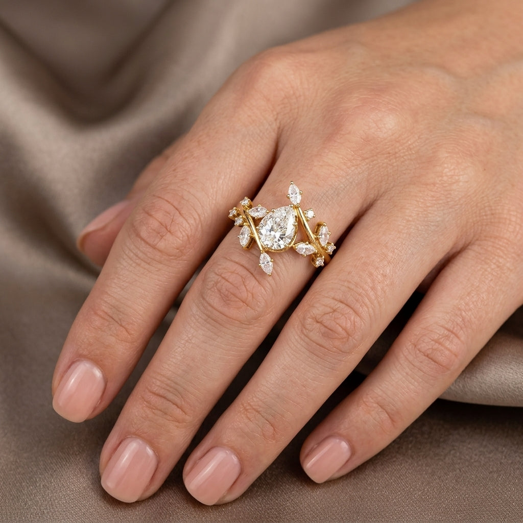 Pear Cut Lab Grown Diamond Engagement Ring, Nature Inspired Vine Setting, Marquise Side Stones
