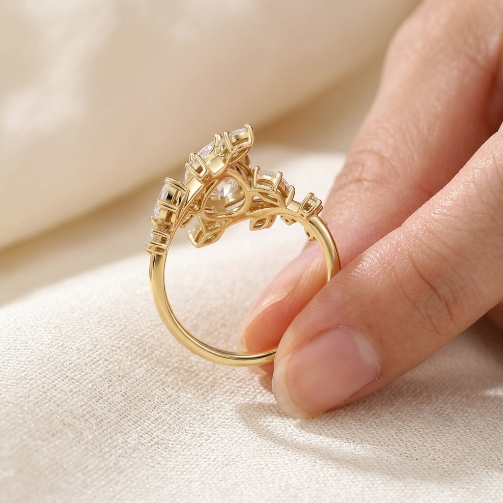 Pear Cut Lab Grown Diamond Engagement Ring, Nature Inspired Vine Setting, Marquise Side Stones