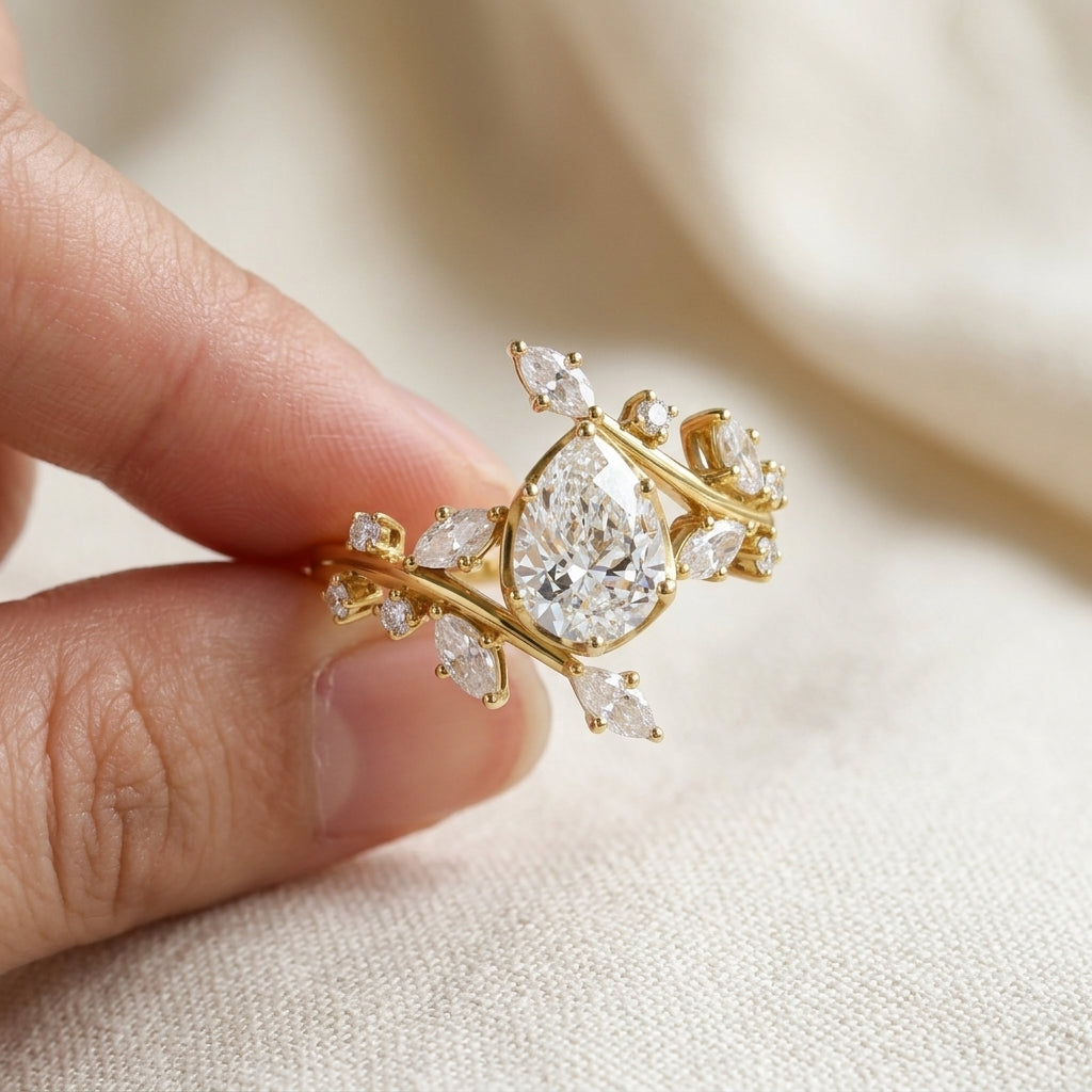 Pear Cut Lab Grown Diamond Engagement Ring, Nature Inspired Vine Setting, Marquise Side Stones