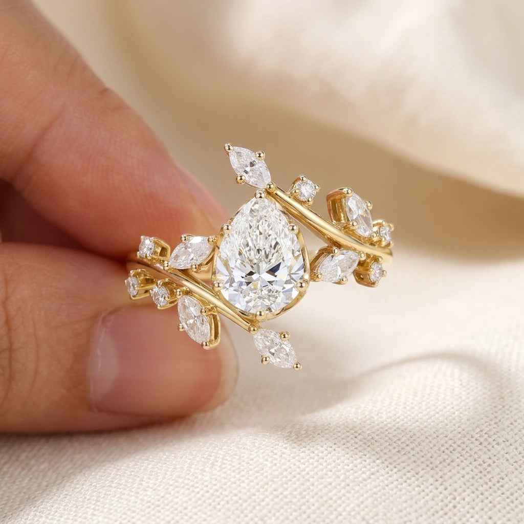 Pear Cut Lab Grown Diamond Engagement Ring, Nature Inspired Vine Setting, Marquise Side Stones