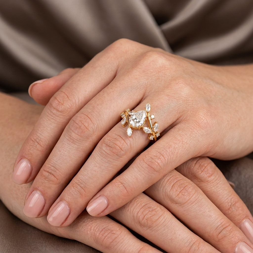 Pear Cut Lab Grown Diamond Engagement Ring, Nature Inspired Vine Setting, Marquise Side Stones