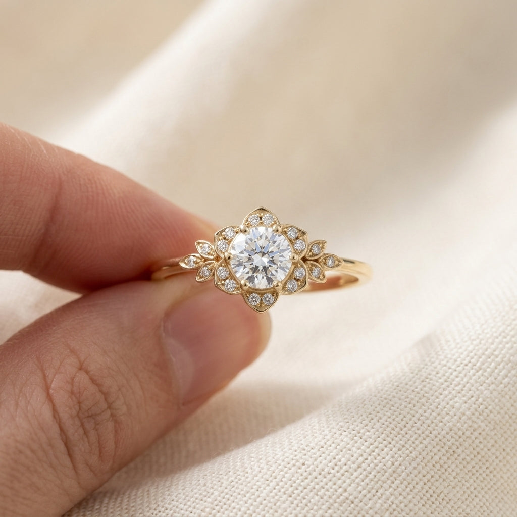 Round Cut Lab Grown Diamond Engagement Ring, Vintage Floral Halo, Leaf Side Stones, Yellow Gold Proposal Ring