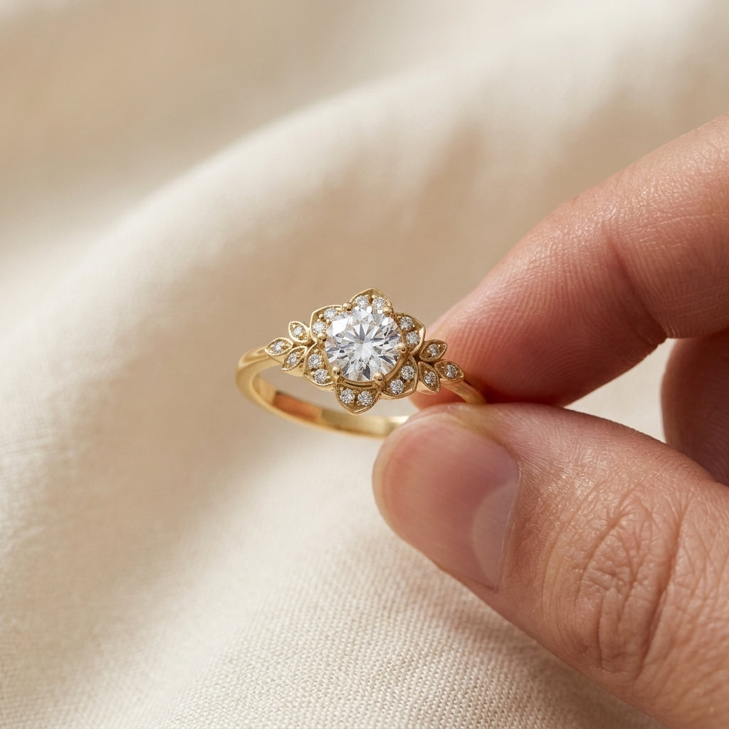 Round Cut Lab Grown Diamond Engagement Ring, Vintage Floral Halo, Leaf Side Stones, Yellow Gold Proposal Ring