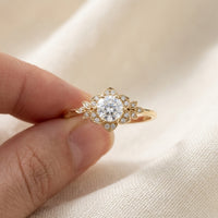 Round Cut Lab Grown Diamond Engagement Ring, Vintage Floral Halo, Leaf Side Stones, Yellow Gold Proposal Ring