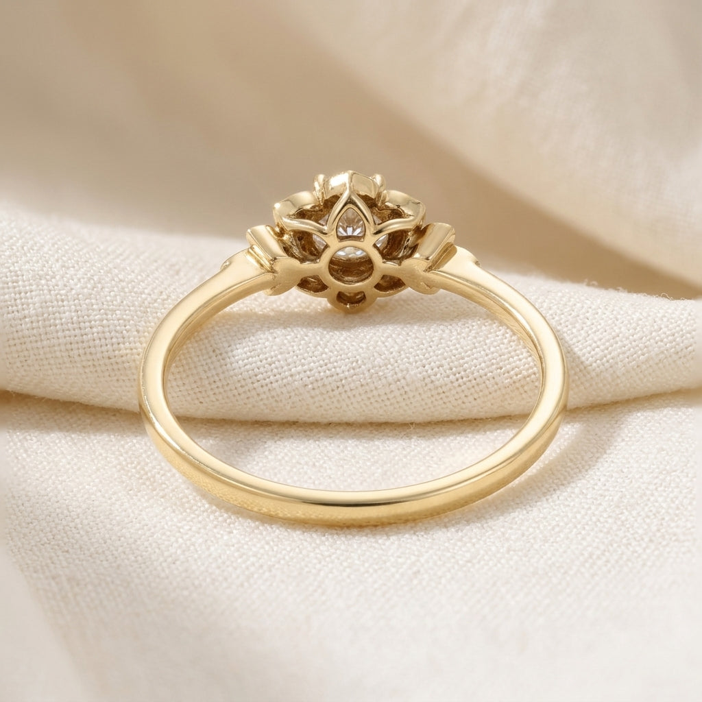 Round Cut Lab Grown Diamond Engagement Ring, Vintage Floral Halo, Leaf Side Stones, Yellow Gold Proposal Ring