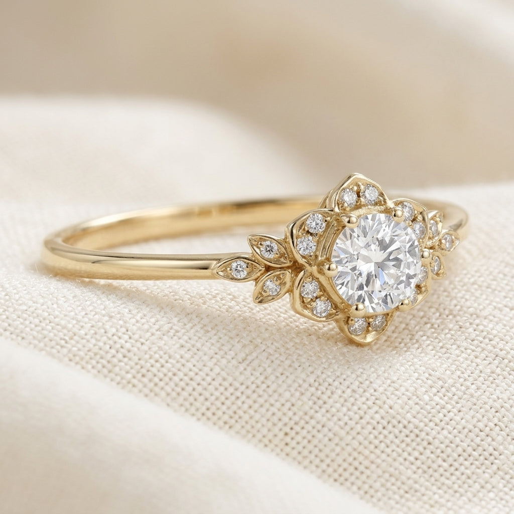 Round Cut Lab Grown Diamond Engagement Ring, Vintage Floral Halo, Leaf Side Stones, Yellow Gold Proposal Ring