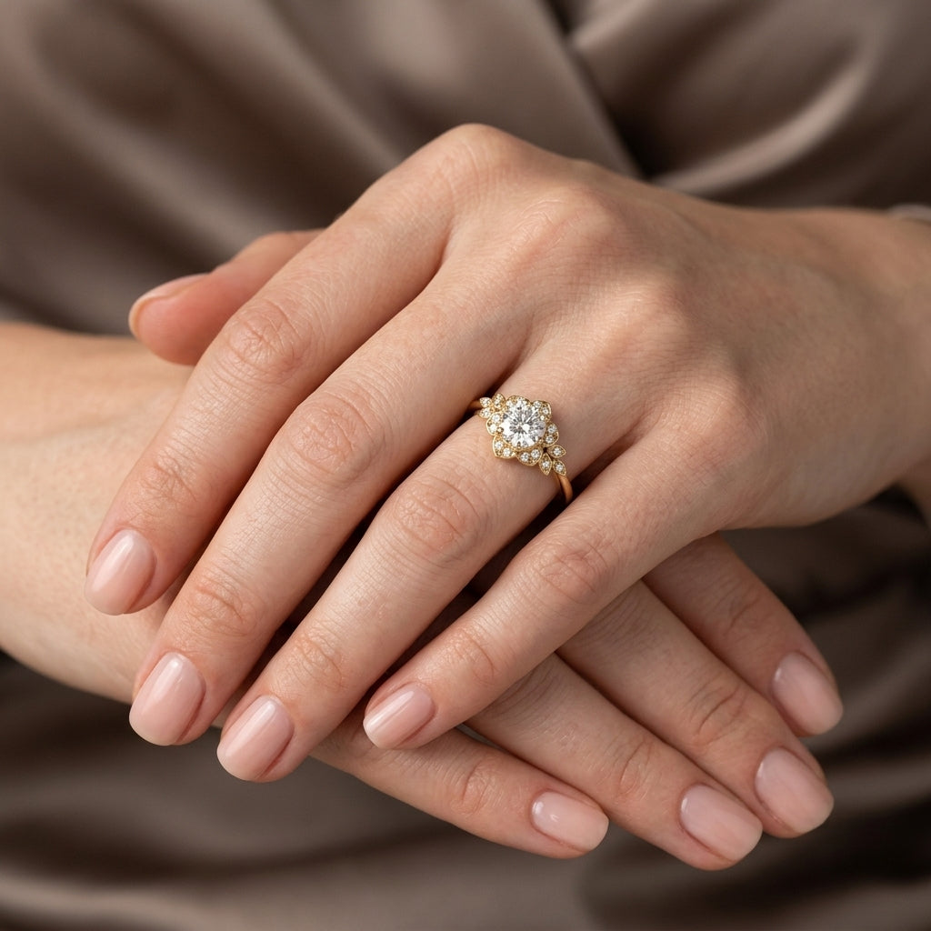 Round Cut Lab Grown Diamond Engagement Ring, Vintage Floral Halo, Leaf Side Stones, Yellow Gold Proposal Ring