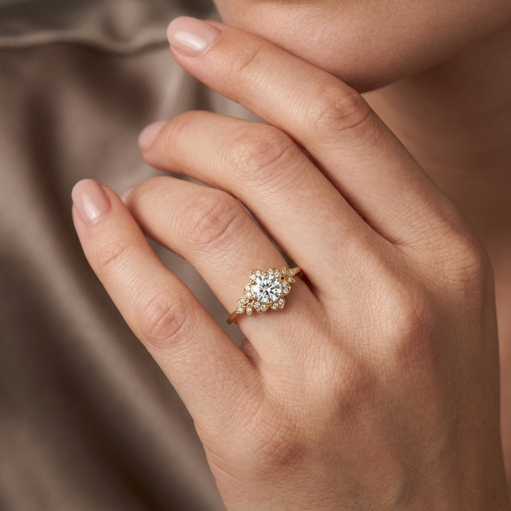 Round Cut Lab Grown Diamond Engagement Ring, Vintage Floral Halo, Leaf Side Stones, Yellow Gold Proposal Ring