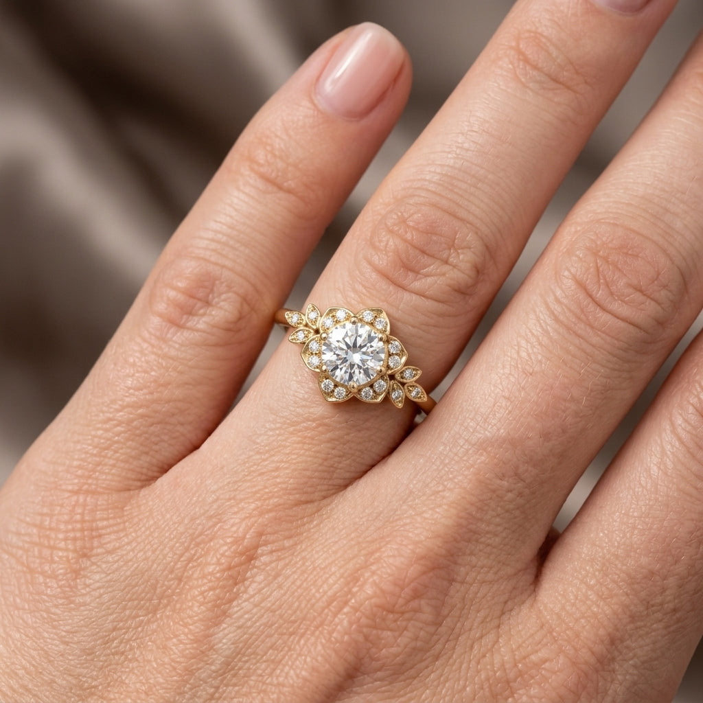 Round Cut Lab Grown Diamond Engagement Ring, Vintage Floral Halo, Leaf Side Stones, Yellow Gold Proposal Ring