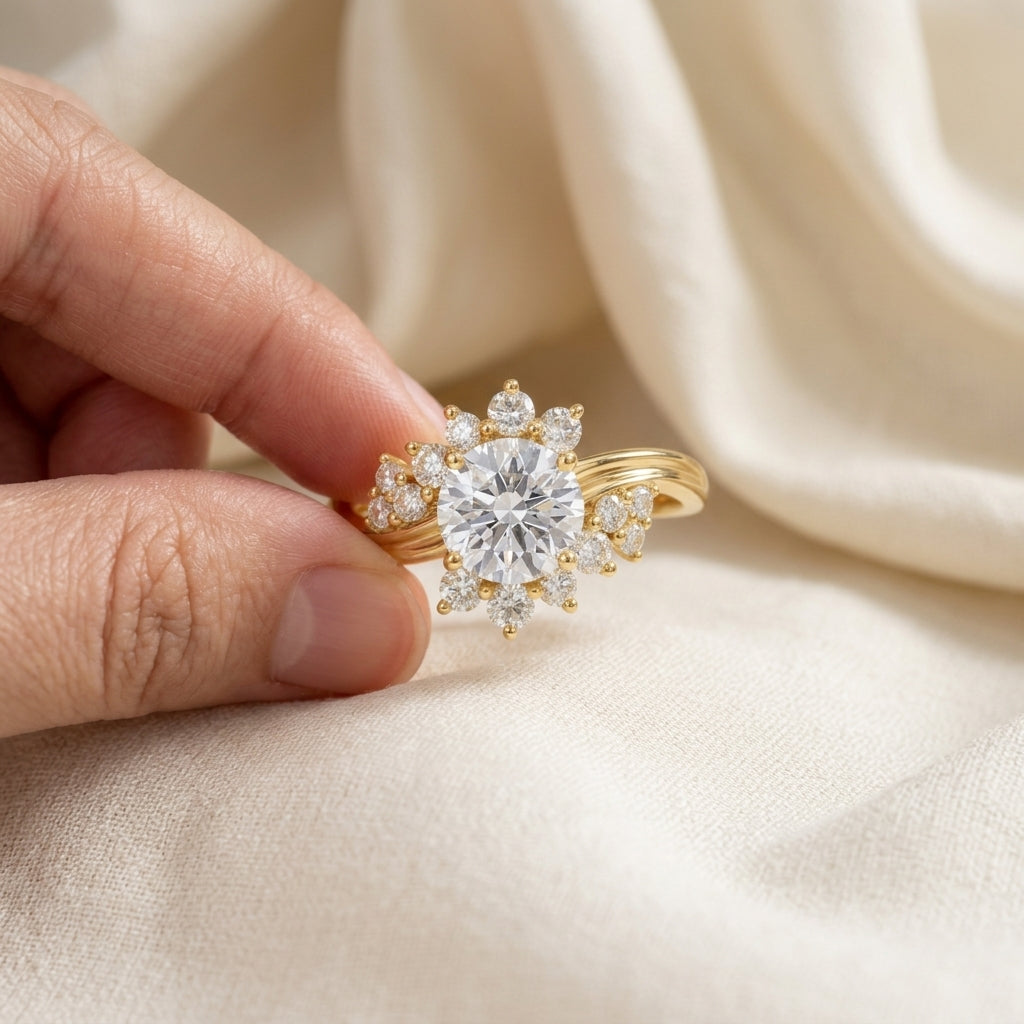 Round Cut Lab Grown Diamond Engagement Ring, Floral Cluster Halo, Split Shank Yellow Gold Proposal Ring