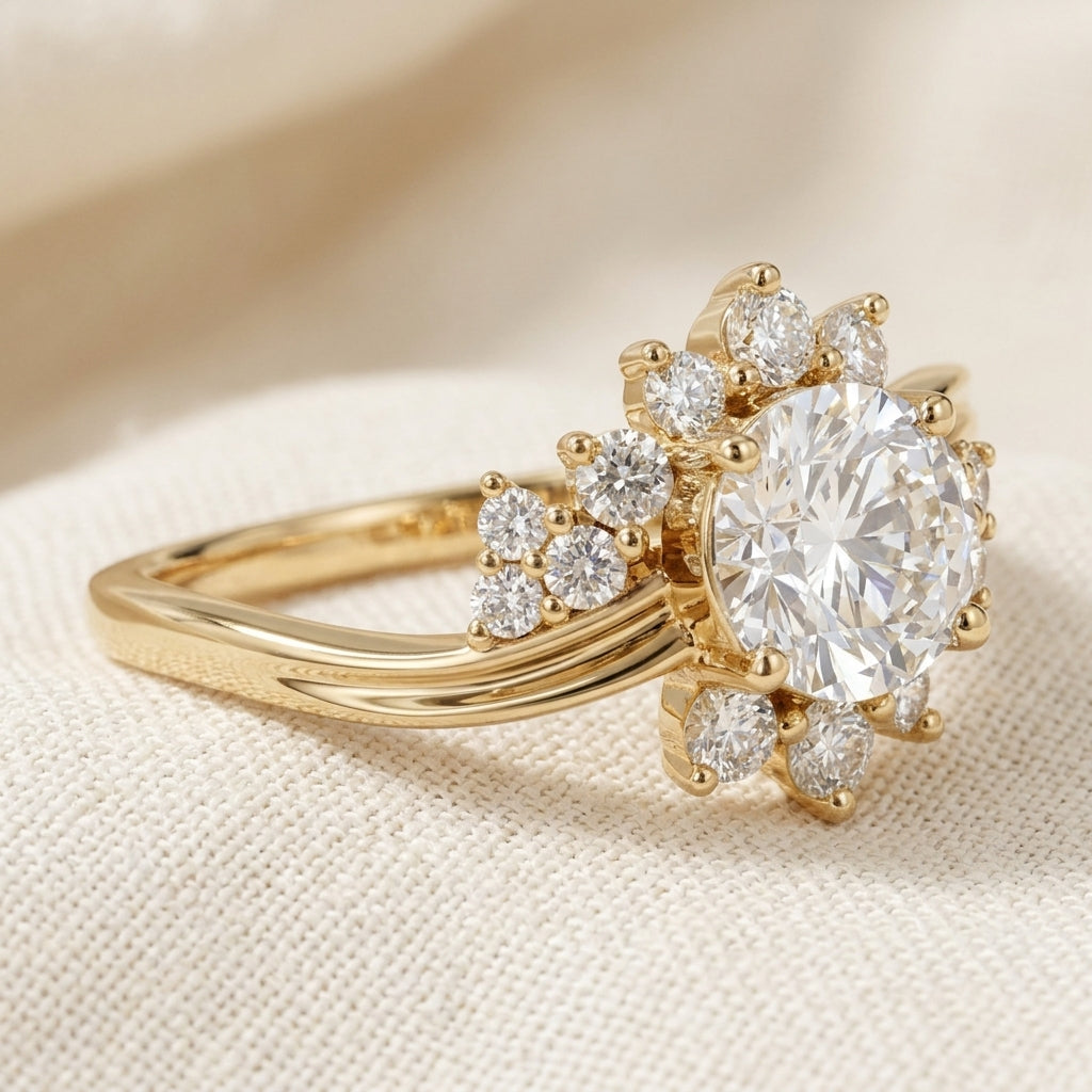 Round Cut Lab Grown Diamond Engagement Ring, Floral Cluster Halo, Split Shank Yellow Gold Proposal Ring