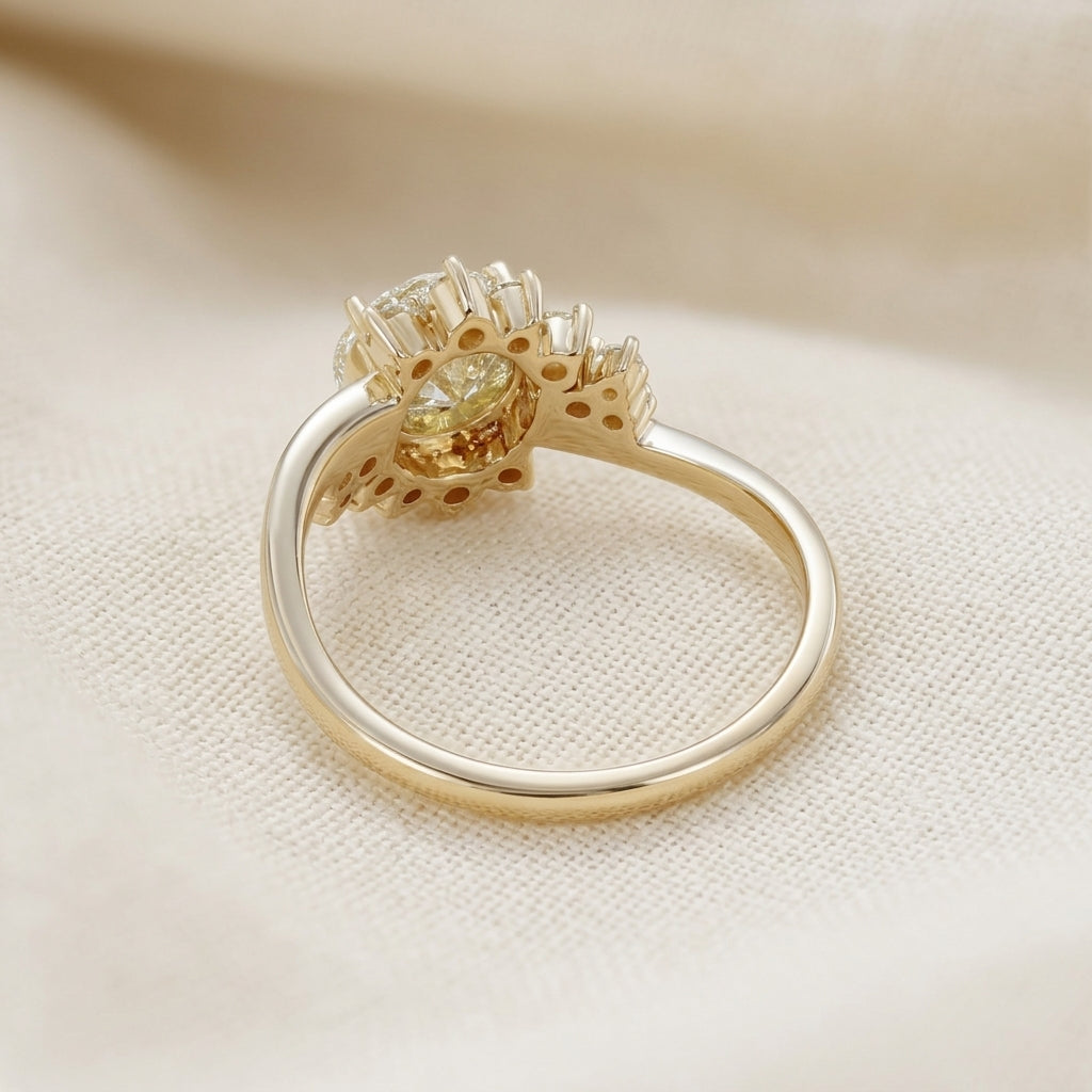 Round Cut Lab Grown Diamond Engagement Ring, Floral Cluster Halo, Split Shank Yellow Gold Proposal Ring