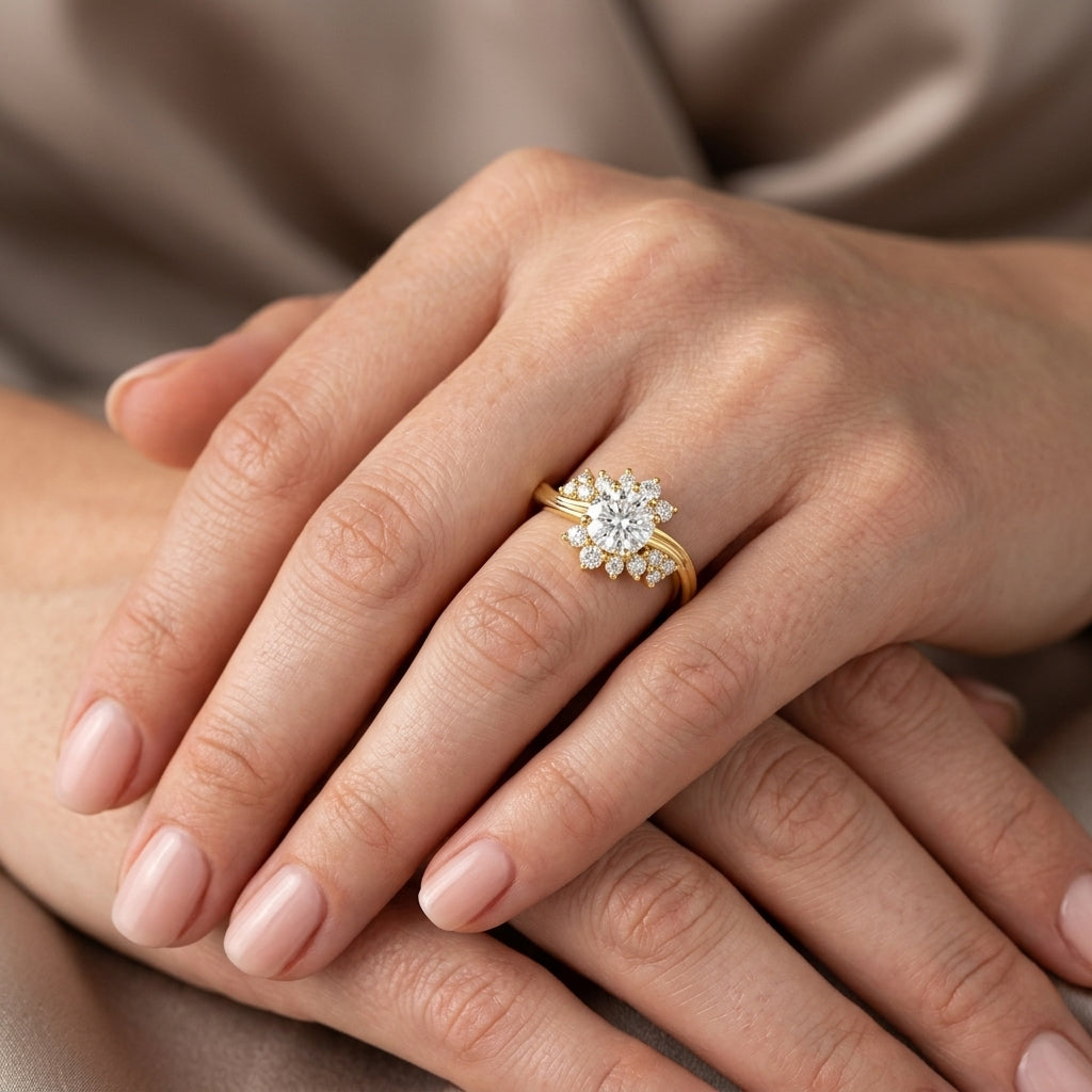Round Cut Lab Grown Diamond Engagement Ring, Floral Cluster Halo, Split Shank Yellow Gold Proposal Ring