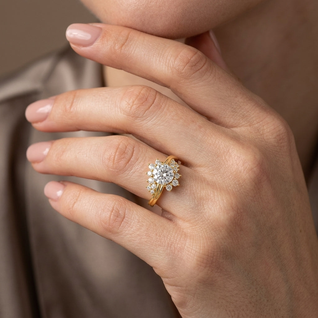 Round Cut Lab Grown Diamond Engagement Ring, Floral Cluster Halo, Split Shank Yellow Gold Proposal Ring