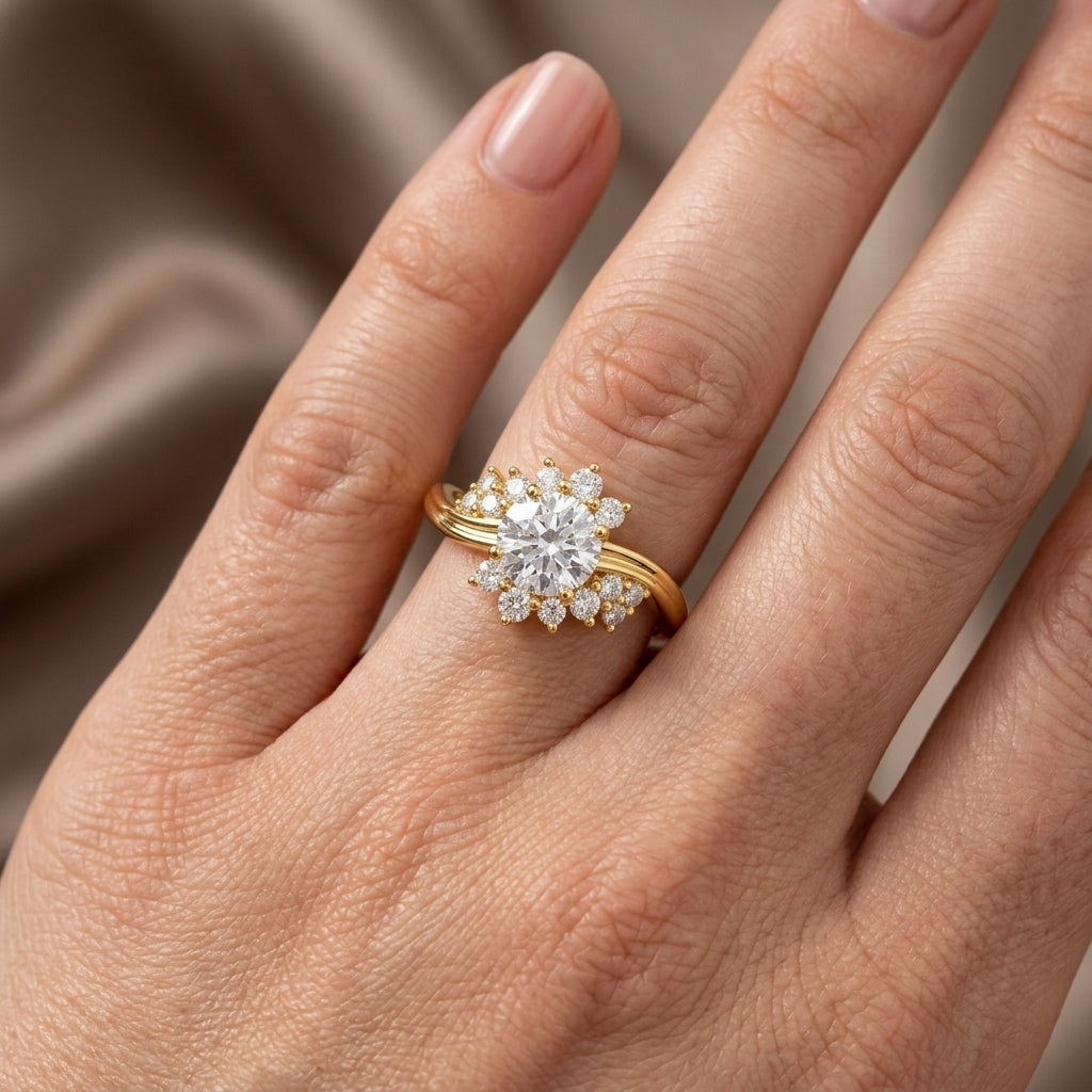 Round Cut Lab Grown Diamond Engagement Ring, Floral Cluster Halo, Split Shank Yellow Gold Proposal Ring